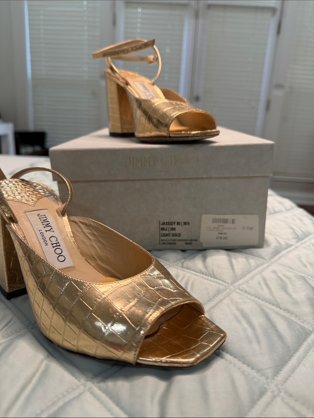 Jimmy Choo Light Gold Croc-Embossed Block Heel Sandals